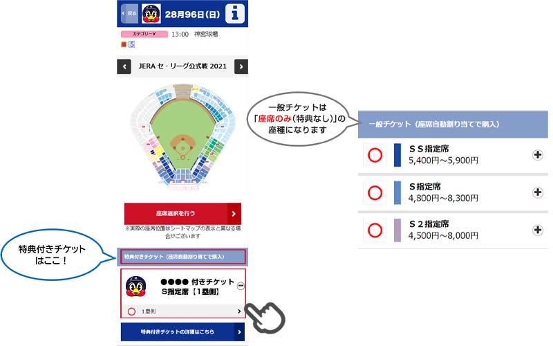 スワチケ 特典付きチケット 購入操作方法 東京ヤクルトスワローズ